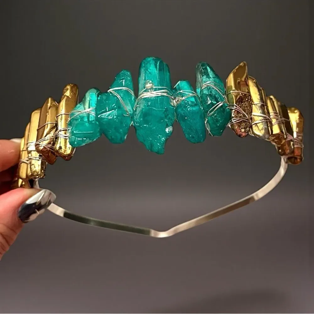 Handmade Genuine Gold and Teal Crystal Headband